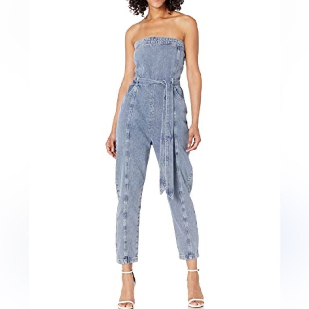 Kendall & Kylie Denim Strapless Jumpsuit Size Tie Large Belt Cropped Leg - Picture 2 of 13